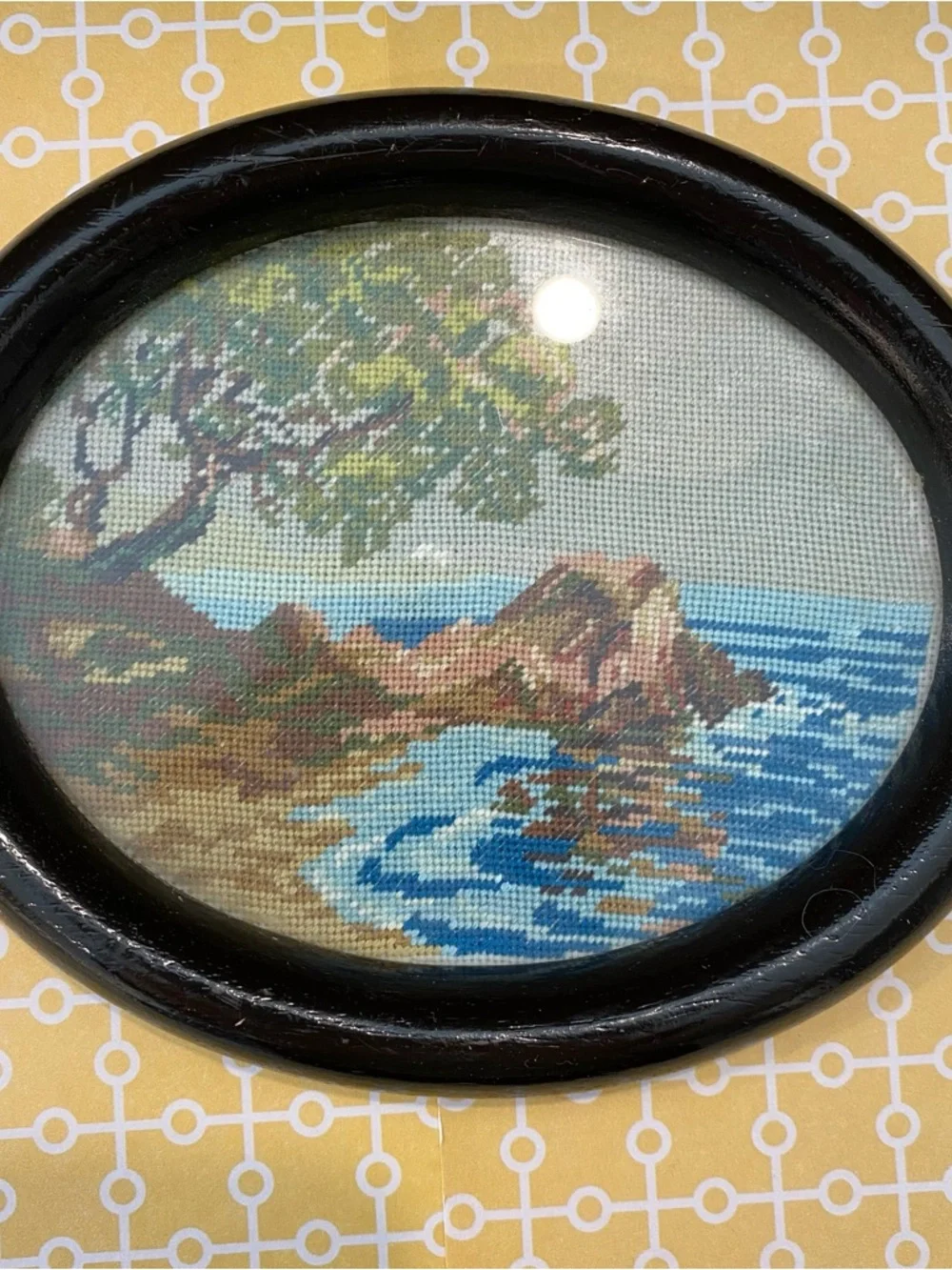 Vintage Needlepoint Landscape Art – Oval Framed Embroidery – Cottagecore Decor - Picture 3 of 8